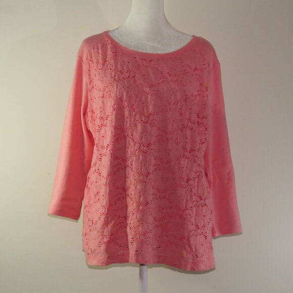 Croft & Borrow Orange 3/4 Sleeve Pullover Top with Floral Overlay Size PXL C1221 - Picture 2 of 7